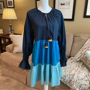 Figue Dark Blue / Turquoise Long Sleeve Tiered Mini Dress Size L
